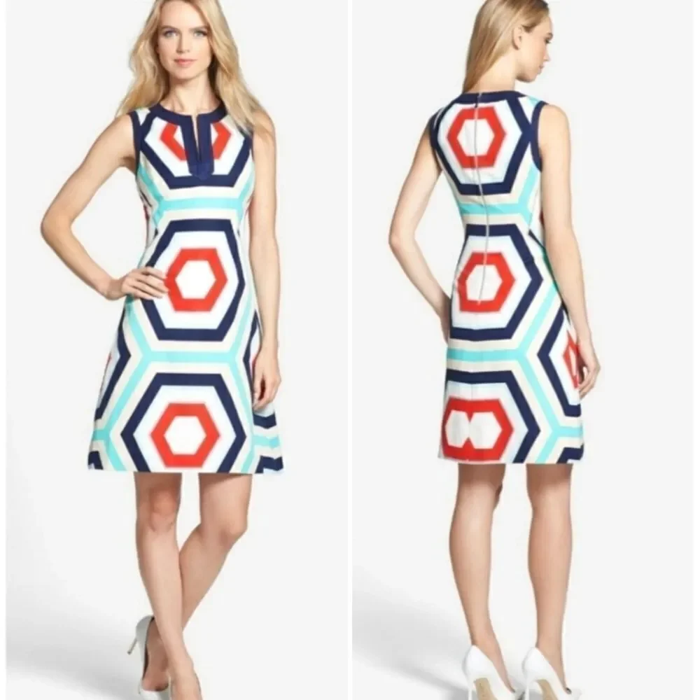 Kate Spade Mod Geometric Colorful 'Zuma' Sleeveless A-Line Linen Blend Dress 8